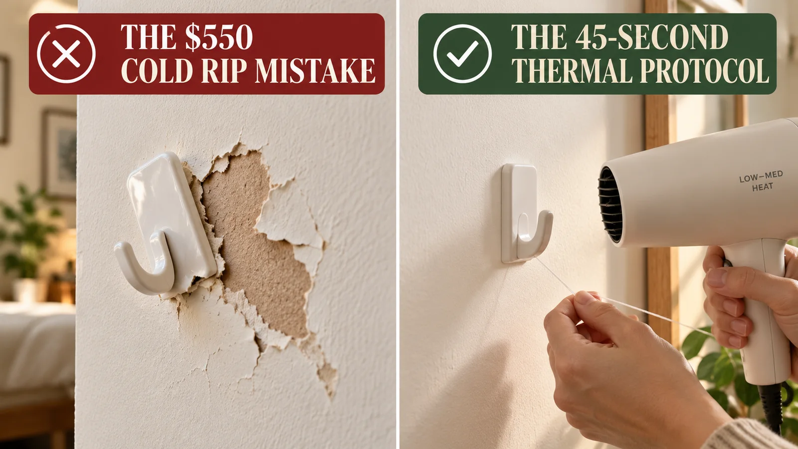 Side-by-side comparison showing torn drywall paint versus thermal removal