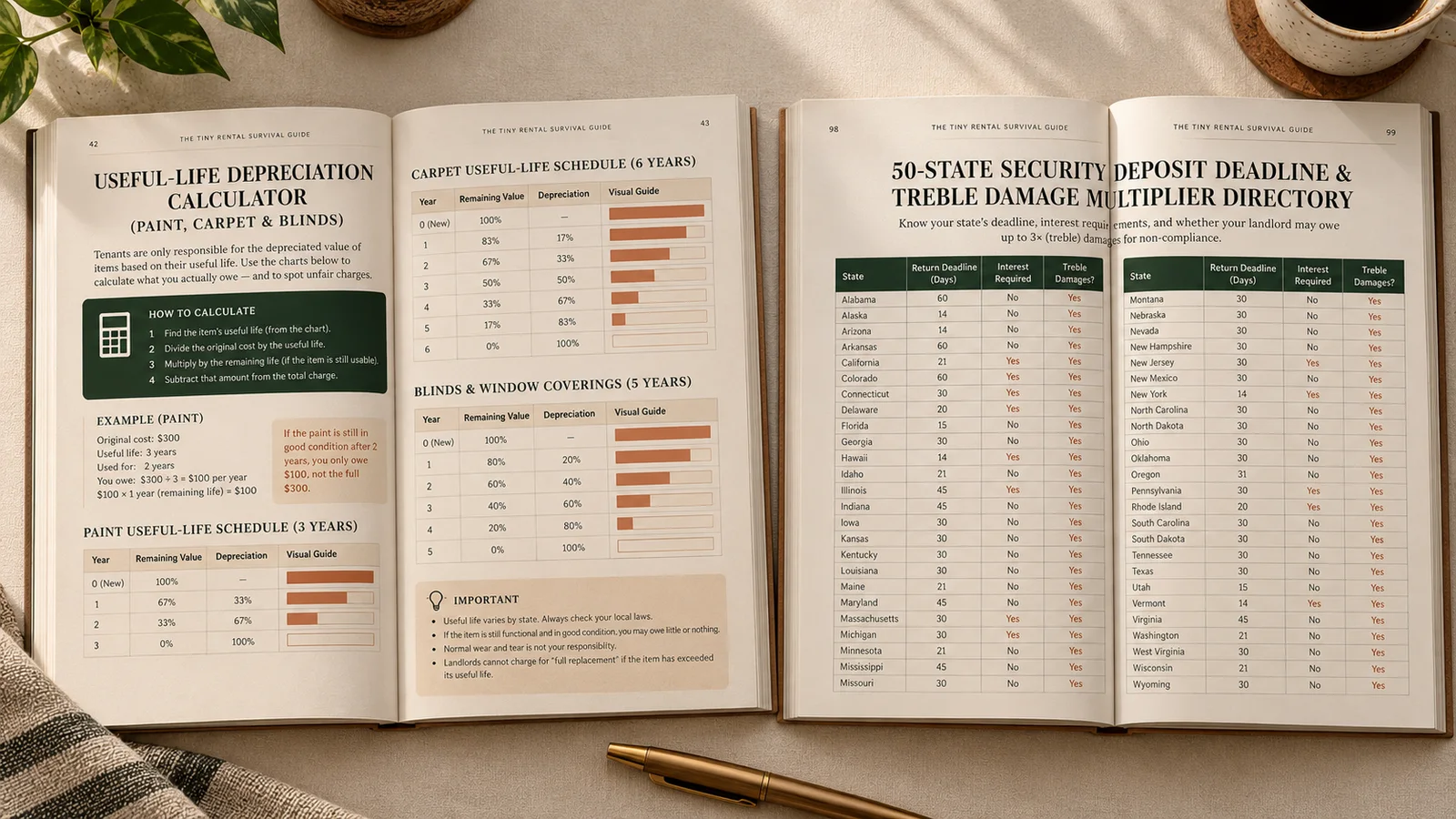 Open interior spreads showing the Useful-Life Depreciation Calculator and 50-State Statutory Deadline Directory