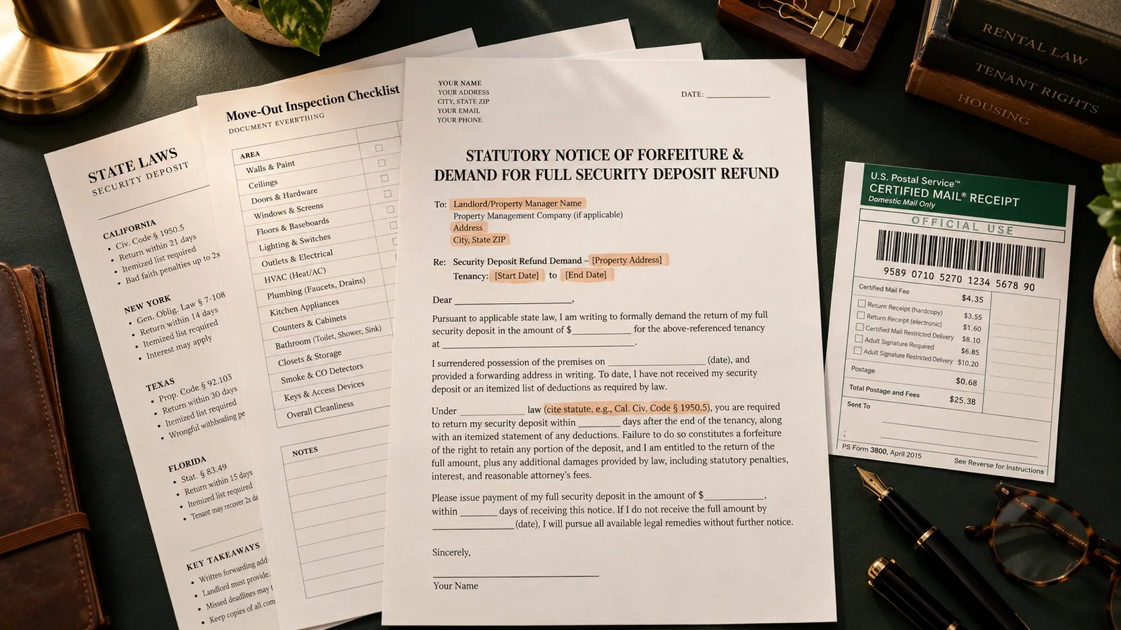 Three printed statutory security deposit demand letters with USPS Certified Mail tracking receipt